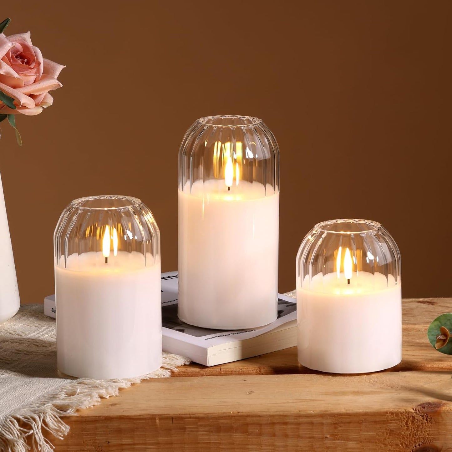 Grey Glass Flameless Pillar Candles with Remote, Flickering Battery LED Candles Table Decor Gift Set of 3