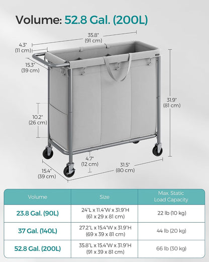 SONGMICS Laundry Basket with Wheels, 3-Section Rolling Laundry Hamper, 52.8 Gallons (200 L), Removable Liner, Steel Frame with Handle, 35.8 x 15.4 x 31.9 Inches, Cream White URLS005W01