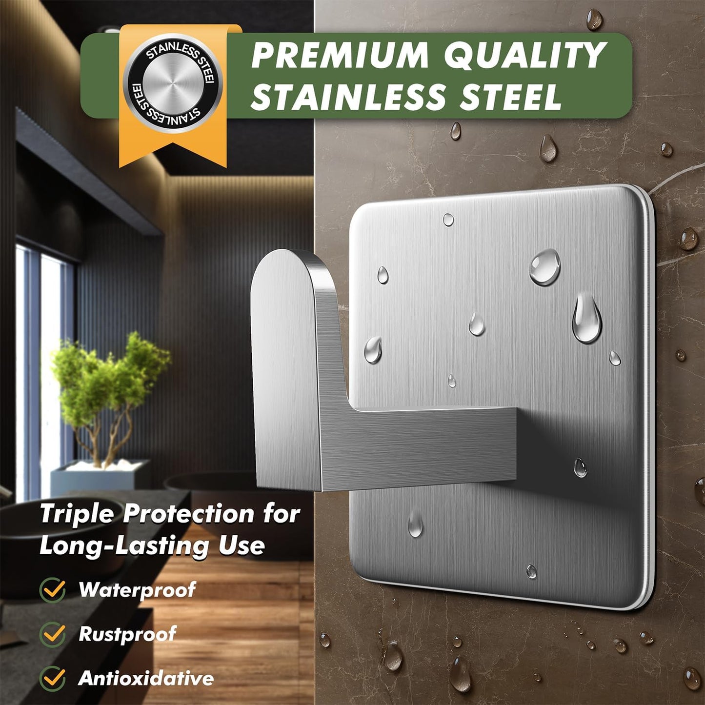 Auxmir Adhesive Towel Hooks, 5 Pack Heavy Duty Wall Hooks 15lb Max, No Drilling Sticky Hooks for Bathroom Shower Kitchen, Waterproof Rustproof Stainless Steel Hooks for Towels, Robes, Coats, Silver