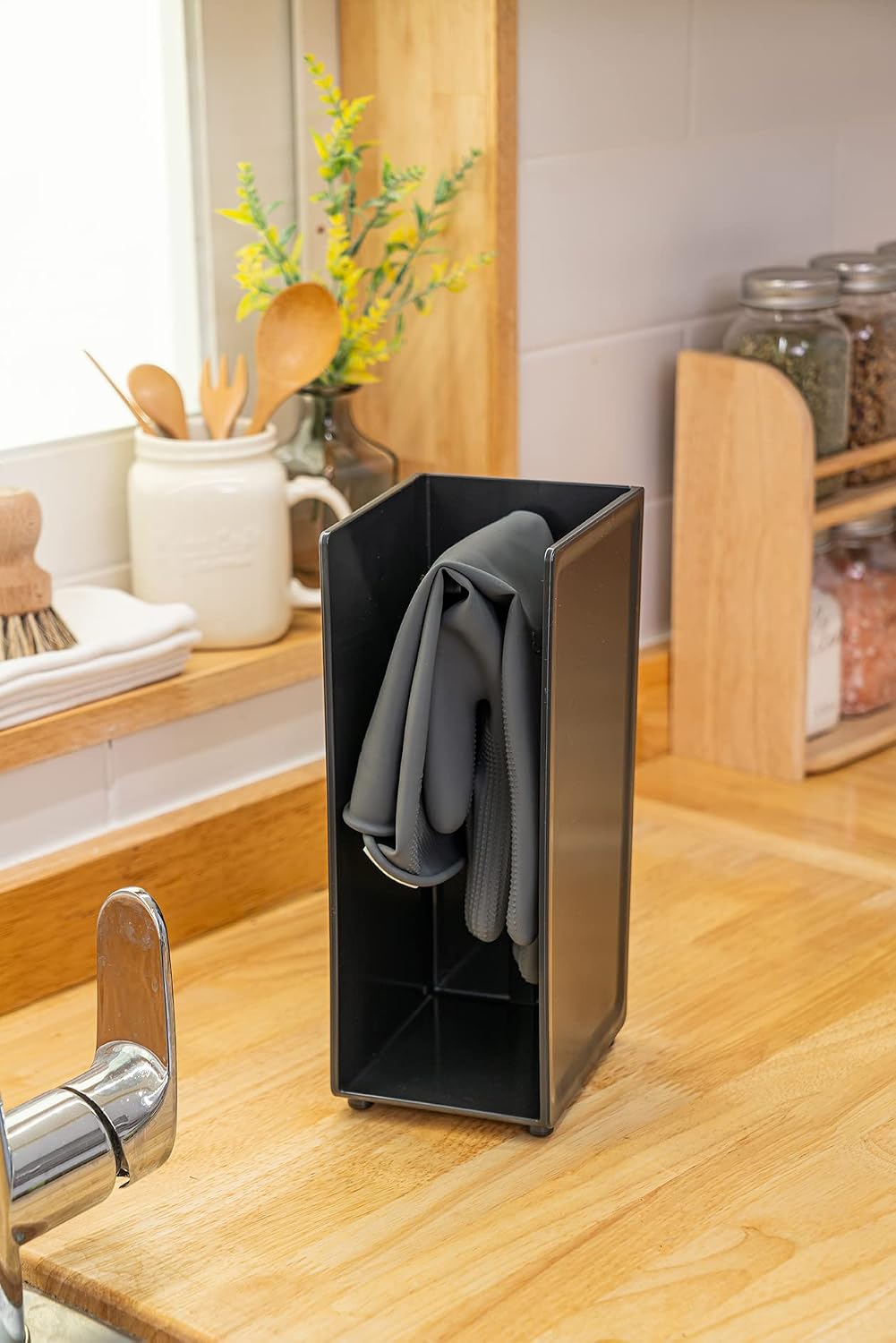 COELO Hidden Glove Drying Holder Rack (Black) - Stand Organizer for Kitchen Sink Bathroom Towels Loofah Modern Countertop with 1 Complimentary Dishwashing Rubber Glove