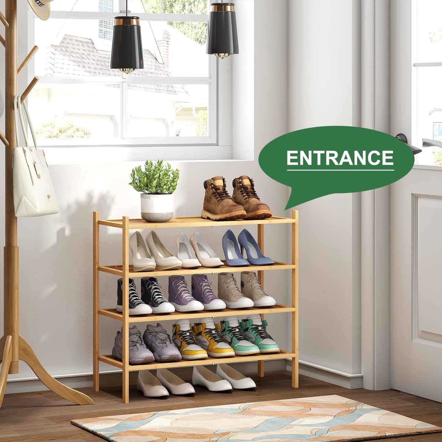 kiplant Small Shoe Rack, 4-Tier Bamboo Wood Shoe Rack for Entryway, Stackable Shoe Organizer for Hallway Closet, Free Standing Shoe Racks for Indoor & Outdoor