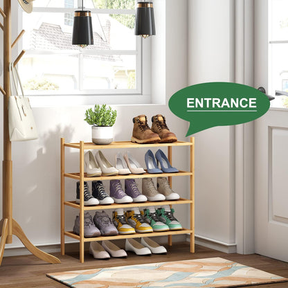 kiplant Small Shoe Rack, 4-Tier Bamboo Wood Shoe Rack for Entryway, Stackable Shoe Organizer for Hallway Closet, Free Standing Shoe Racks for Indoor & Outdoor