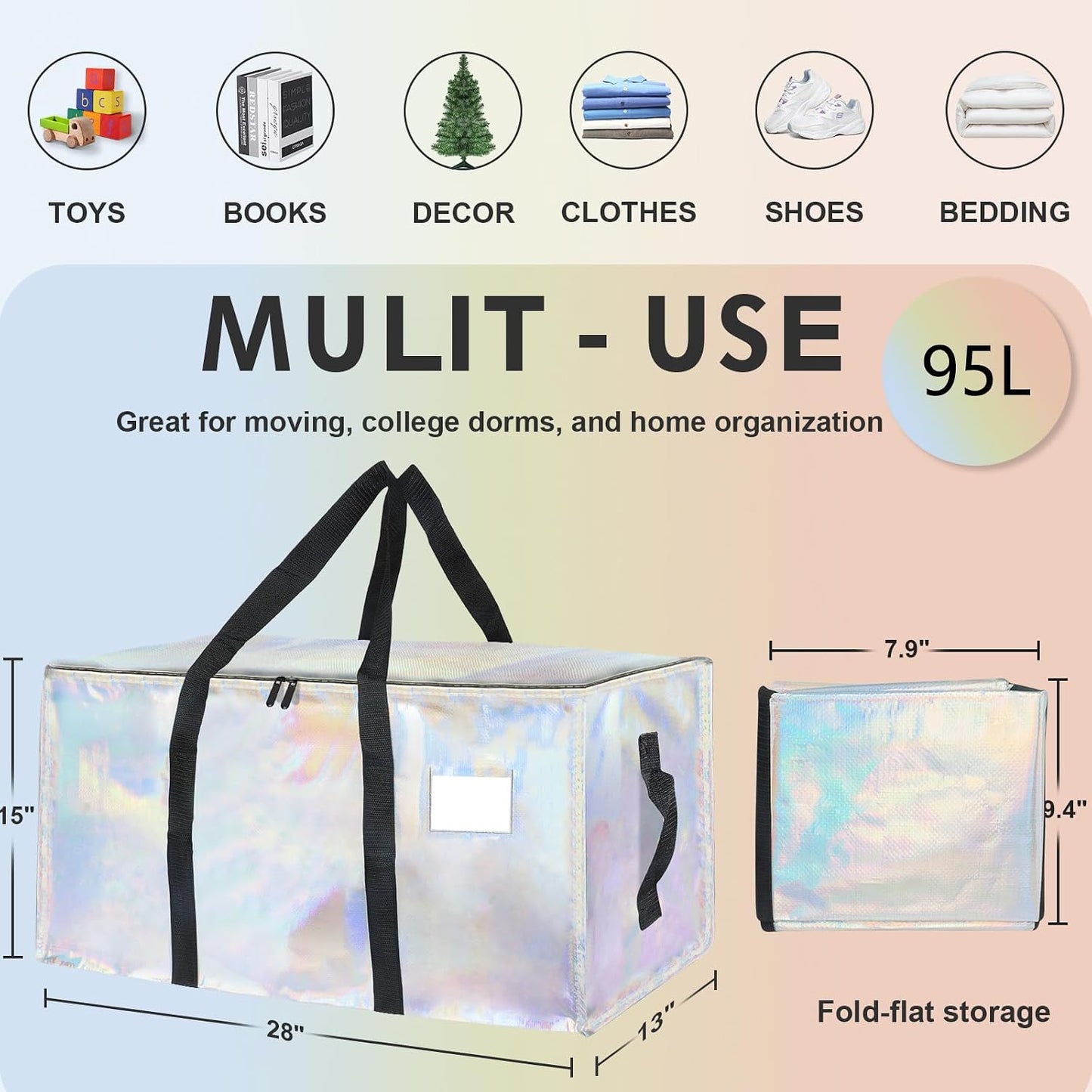 8 Pack-Extra Large Heavy Duty Moving Bags - Waterproof Storage Totes with Handles & Zippers, Foldable for College Dorm, Storage (Clear)