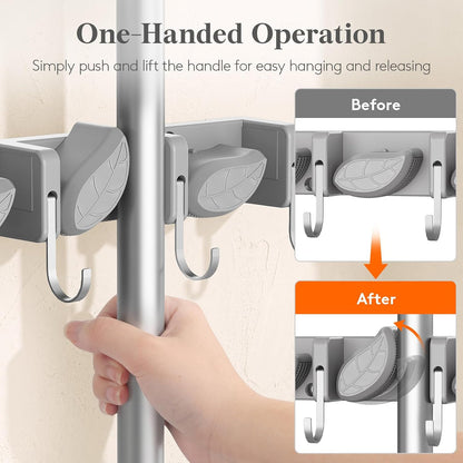 Lifewit Broom and Mop Holder Wall Mount, Non-Slip Cleaning Tool Hanger Organizer with 6 Hooks 5 Slots, Heavy Duty Hanging Broom Utility Rack for Kitchen, Garden, Garage, Laundry, 1 Pack, Black