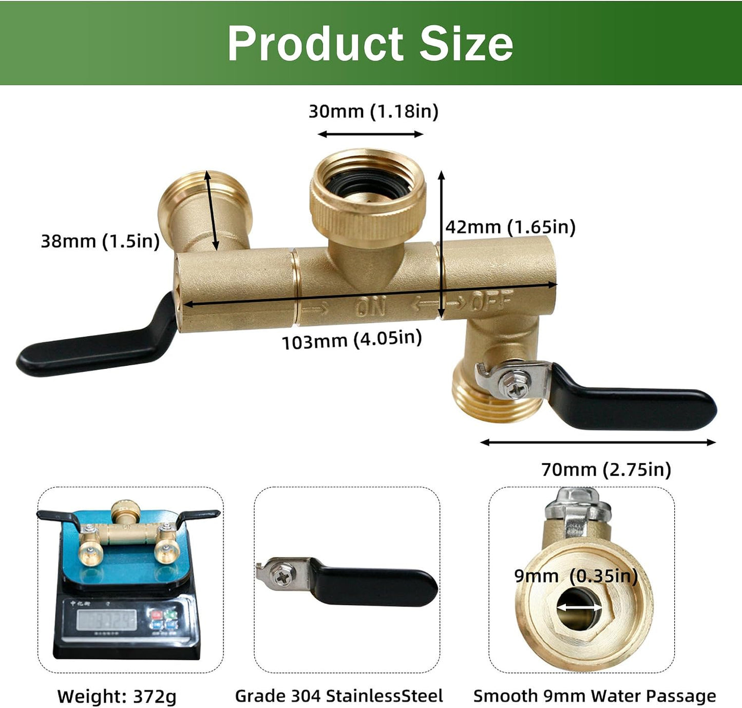 Garden Hose Splitter,2 Way Heavy Duty Outdoor Faucet Splitter, 360° Rotating Adapter,Long Handles High Flow Hose Adapter,with Shutoff Valves,3/4" GHT Thread