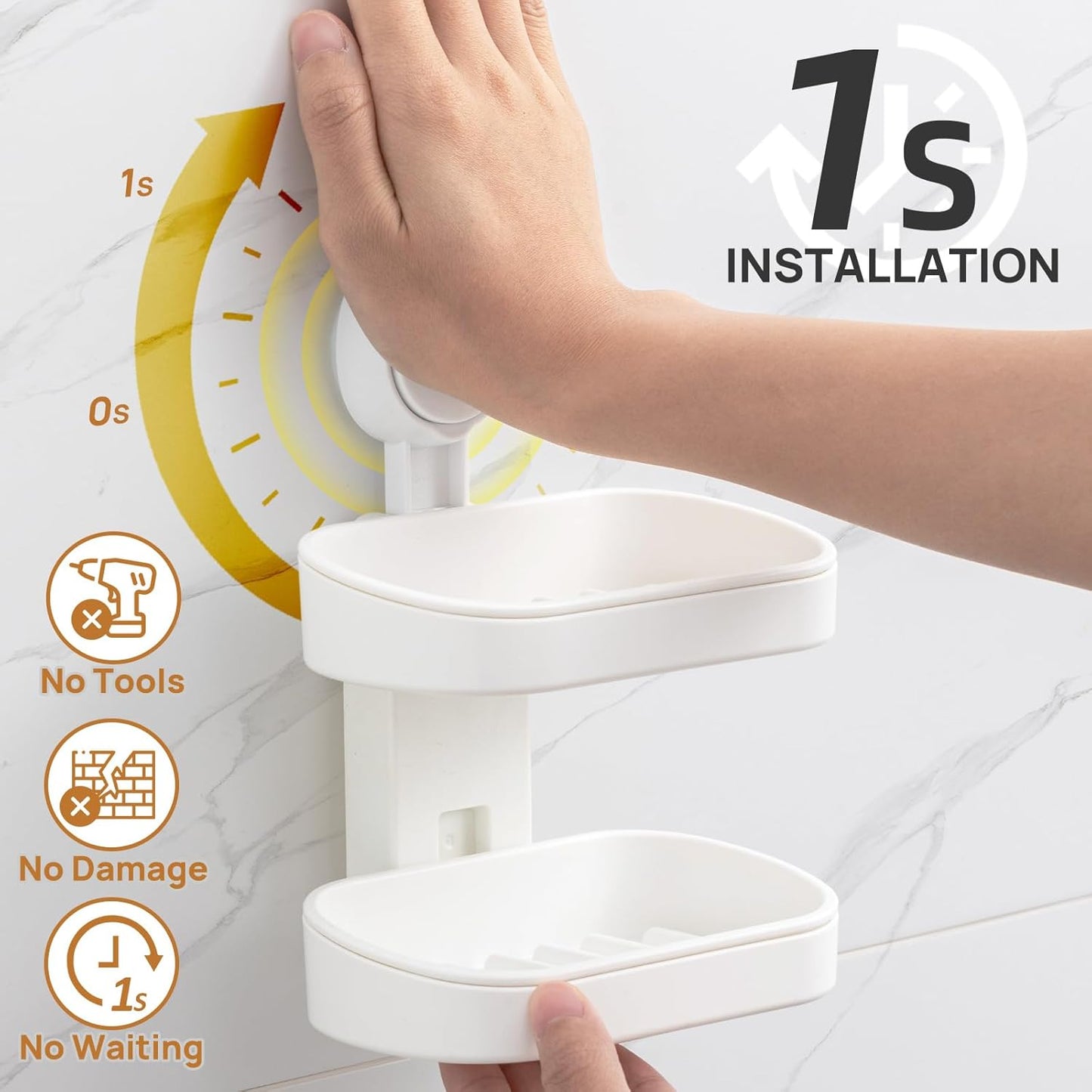 LEVERLOC Soap Dish Holder for Shower Suction Cup Wall Mounted Self Draining NO-Drilling Removable Bar Soap Sponge Holder for Bathroom Bathtub Kitchen Sink Waterproof Strong Vacuum Suction Adhesion