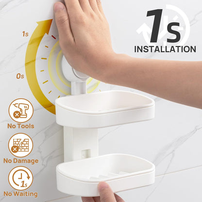 LEVERLOC Soap Dish Holder for Shower Suction Cup Wall Mounted Self Draining NO-Drilling Removable Bar Soap Sponge Holder for Bathroom Bathtub Kitchen Sink Waterproof Strong Vacuum Suction Adhesion