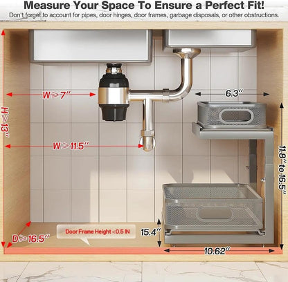 2-Pack Under Sink Storage Organizer with 2-Tier Slide Out Drawer, Sophisticated Mesh Pull Out Shelf for Kitchen & Bathroom, Fits Small Items, Upgraded Arched Track for Smooth Gliding(Patented)