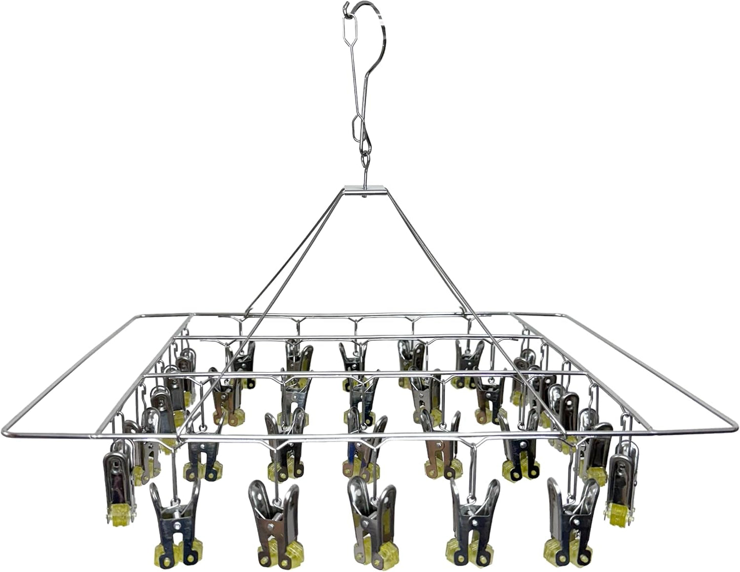 Quick Release Stainless Steel Laundry Drying Rack with Clips, Swivel Hook Wind-Proof Clothes Hanger Rack for Sock, Bras, Underwear, Laundry (Rectangle 30 Clips)