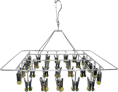 Quick Release Stainless Steel Laundry Drying Rack with Clips, Swivel Hook Wind-Proof Clothes Hanger Rack for Sock, Bras, Underwear, Laundry (Rectangle 30 Clips)