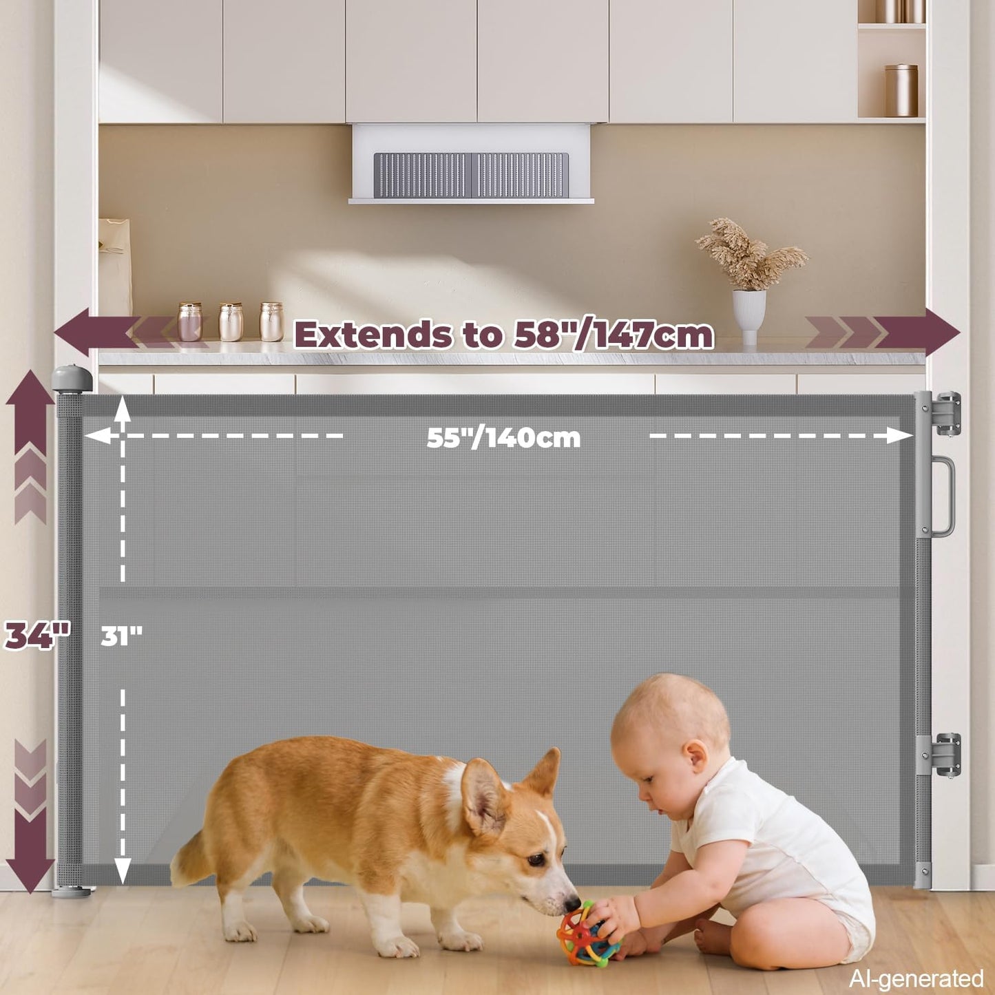 Retractable Baby Gates for Doorways, 58" Extra Wide Mesh Child Dog Gate for Stairs, 34" Tall Toddler Pet Gate Indoor and Outdoor, Easy Install, Essential for Home Safety, Black