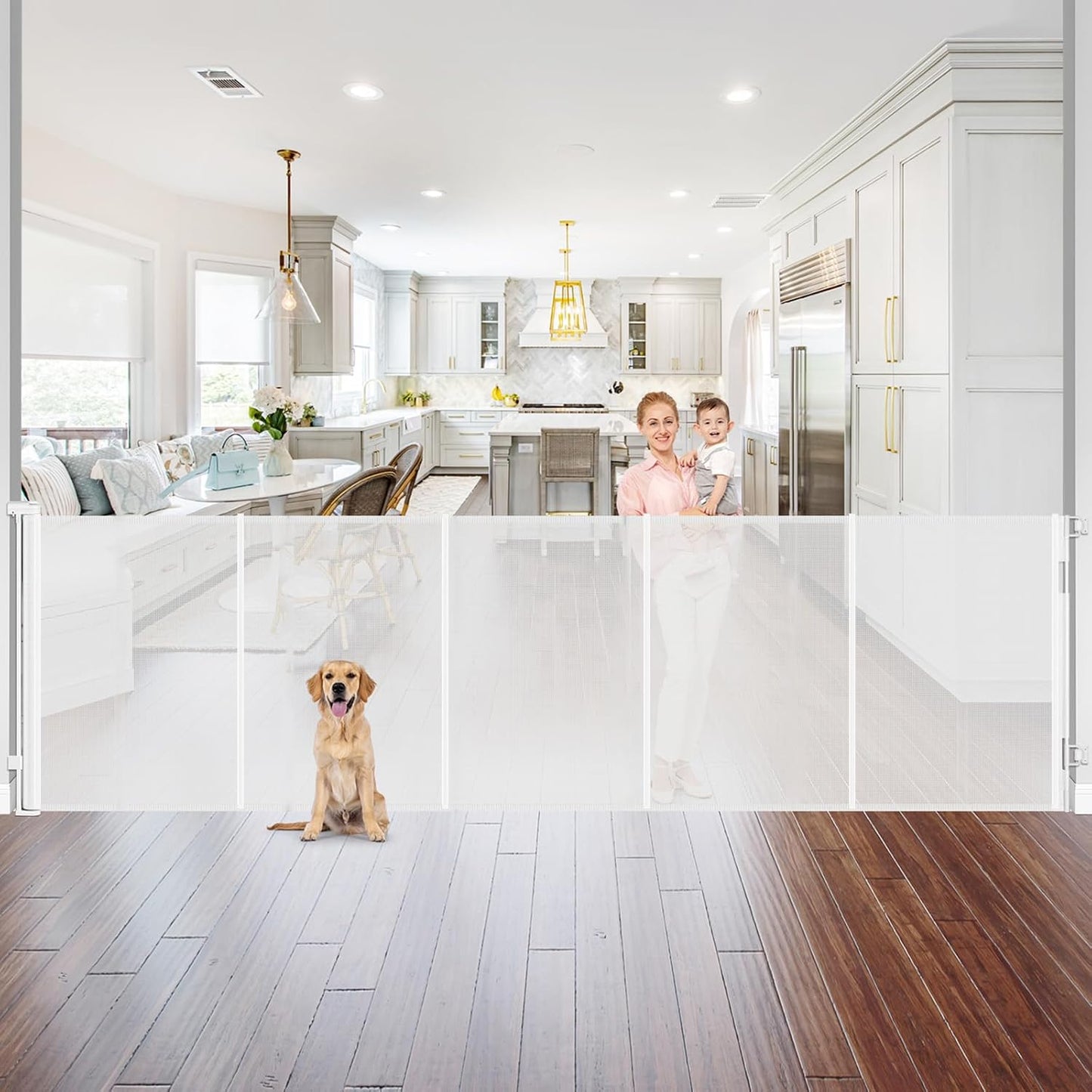 Newly Enhanced - 42" Tall × 120" Extra Wide Retractable Baby Gate Keeps Pets from Getting Under Tall Dog Gate, Indoor/Outdoor Baby Gates for Dogs, Retractable Dog Gate for Large Openings, White