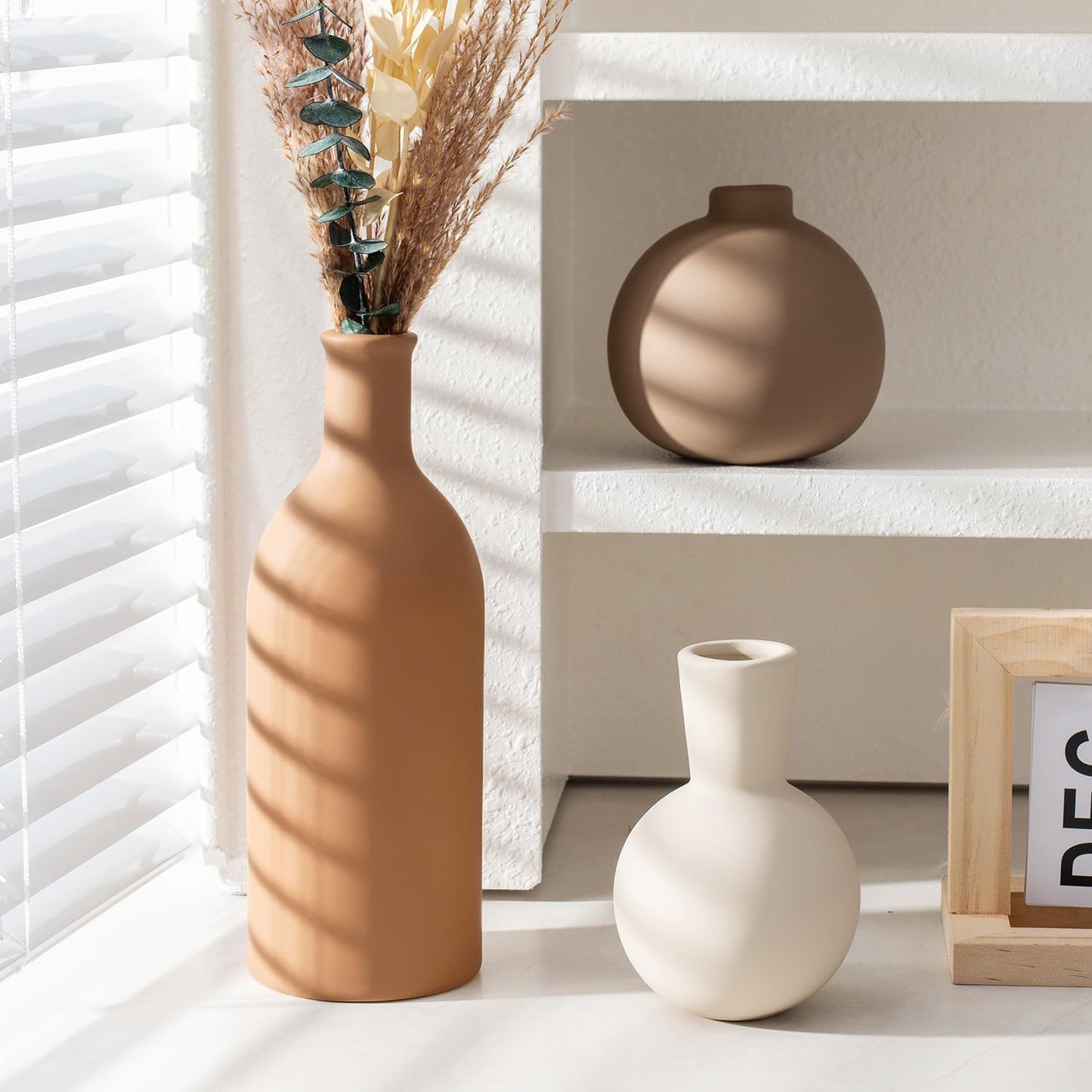 Ceramic Vase Set of 3, Modern Minimalist Neutral Home Decor, Boho Rustic Farmhouse Decorative Vases for Pampas Grass Dried Flowers | Table Centerpiece Entryway Mantel Bookshelf(Black Mix Set - Gray#1)