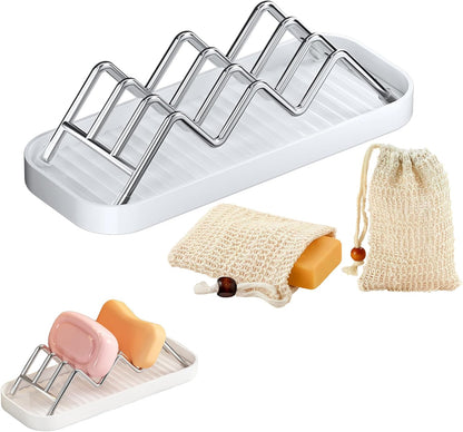 Thick Stainless Steel Soap Holder with 2 Soap Saver Bags, Self-Draining Shampoo Bar Holder with Removable Drip Tray, 304 Rustproof Quick-Drying Soap Dish for Bathroom Counter, Kitchen Sink & Shower