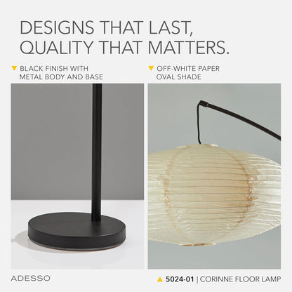 Adesso Arc Floor Lamp, 80” Tall Black Base, Oval Off-White Paper Shade – Convenient Overhead Lighting for Living Room, Nursery, Bedroom or Office
