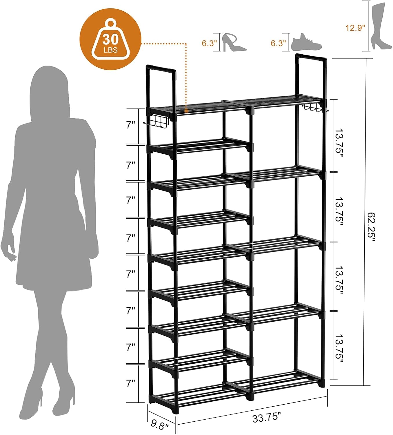 WOWLIVE 9 Tiers Large Shoe Rack Storage Organizer for Closet 50-55 Pairs Shoe Tower Unit Shelf Stackable Shoe Rack with Metal Pipes Plastic Connectors Black(SSS3B9)