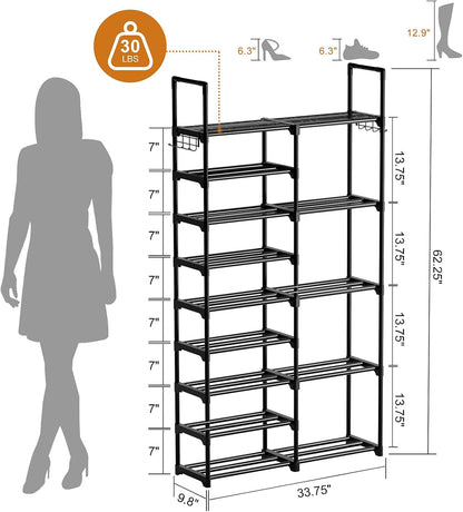 WOWLIVE 9 Tiers Large Shoe Rack Storage Organizer for Closet 50-55 Pairs Shoe Tower Unit Shelf Stackable Shoe Rack with Metal Pipes Plastic Connectors Black(SSS3B9)