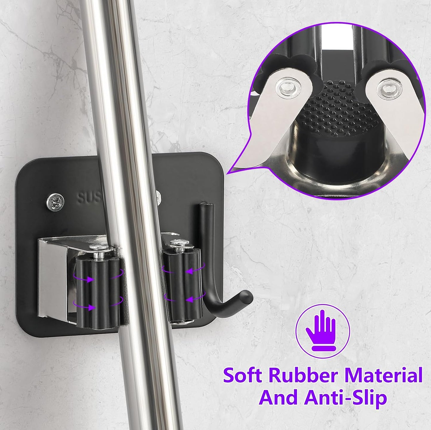 Stainless Steel Broom Holder, Heavy Duty, Rust Resistant, 4 Gripper Positions with 4 Hooks, Black