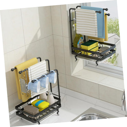 Amosfun Kitchen Storage Rack Drainage Holder Black 3-Rod Wall-Mounted and Desktop Sponge Rag Shelf for Dishcloths and Cleaning Supplies
