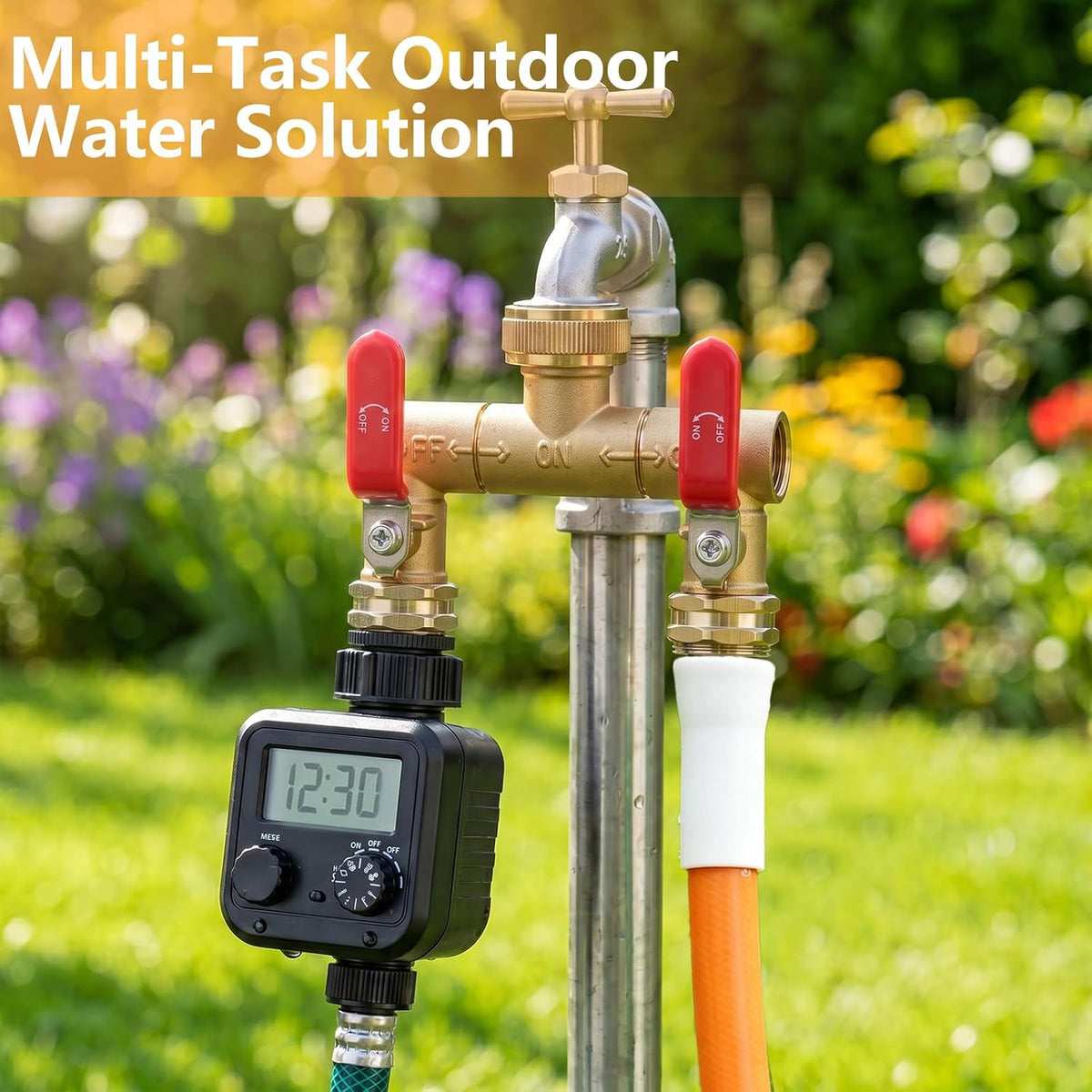 Garden Water Hose Splitter - RV Water Splitter 2 Way Heavy Duty Brass Spigot Hose Splitter - Outdoor Y Hose Bib 2 Valves with 2 Extra Rubber Washers for 3/4" Hose Connector (Blue)