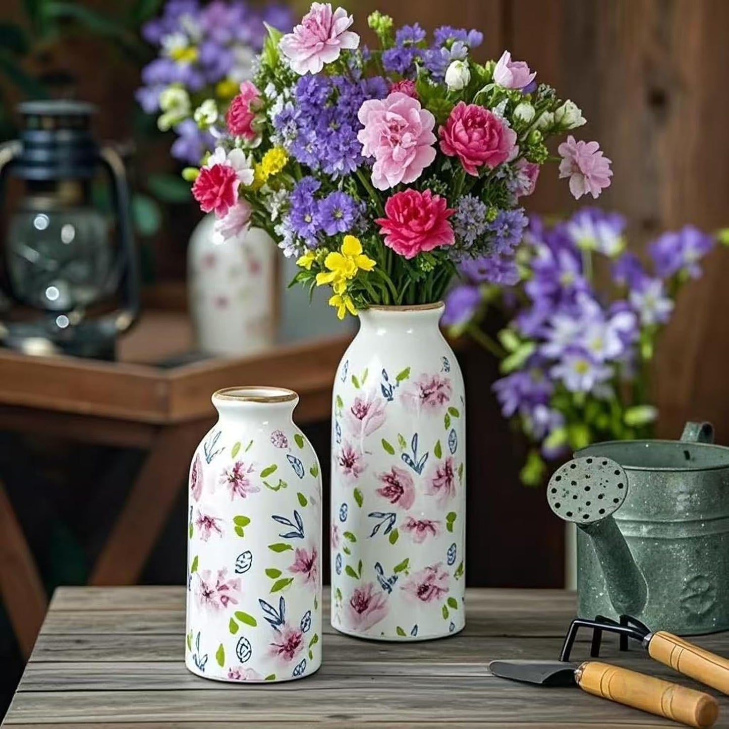 Rustic Ceramic Vase Set of 3 - Beige Rustic Vases for Flowers,Farmhouse Flower Vases for Home Decor,Small Decorative Vase Set for Living Room,Table Shelf,Centerpieces and Fireplace Decorations