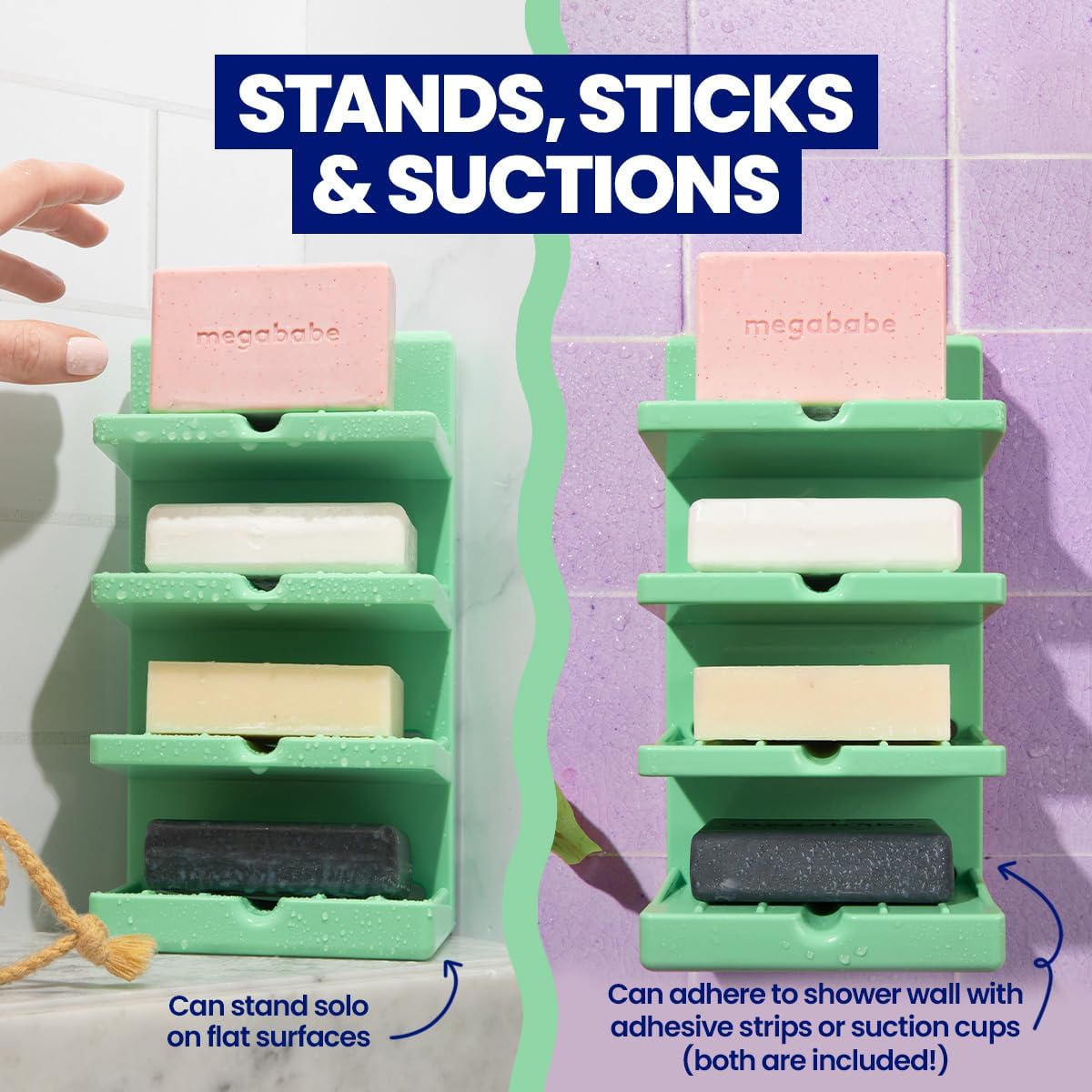 Megababe 4-Tier Bar Soap Tower | Holds 4 Bars | Suctions or Sticks | Self-Draining