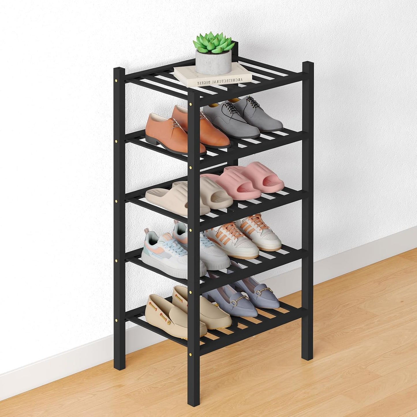 Smiry Bamboo Shoe Rack for Closet, 3 Tier Wooden Shoe Organizer, Stackable Wood Shoe Storage Shelf for Entryway, 14 Vertical Slats, One-piece Heavy-Duty Legs, 26.77"x11.02"x18.31", Natural