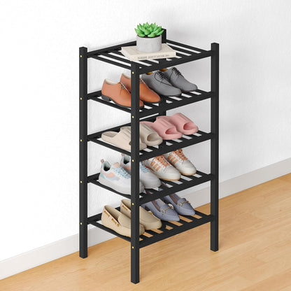 Smiry Bamboo Shoe Rack for Closet, 3 Tier Wooden Shoe Organizer, Stackable Wood Shoe Storage Shelf for Entryway, 14 Vertical Slats, One-piece Heavy-Duty Legs, 26.77"x11.02"x18.31", Natural