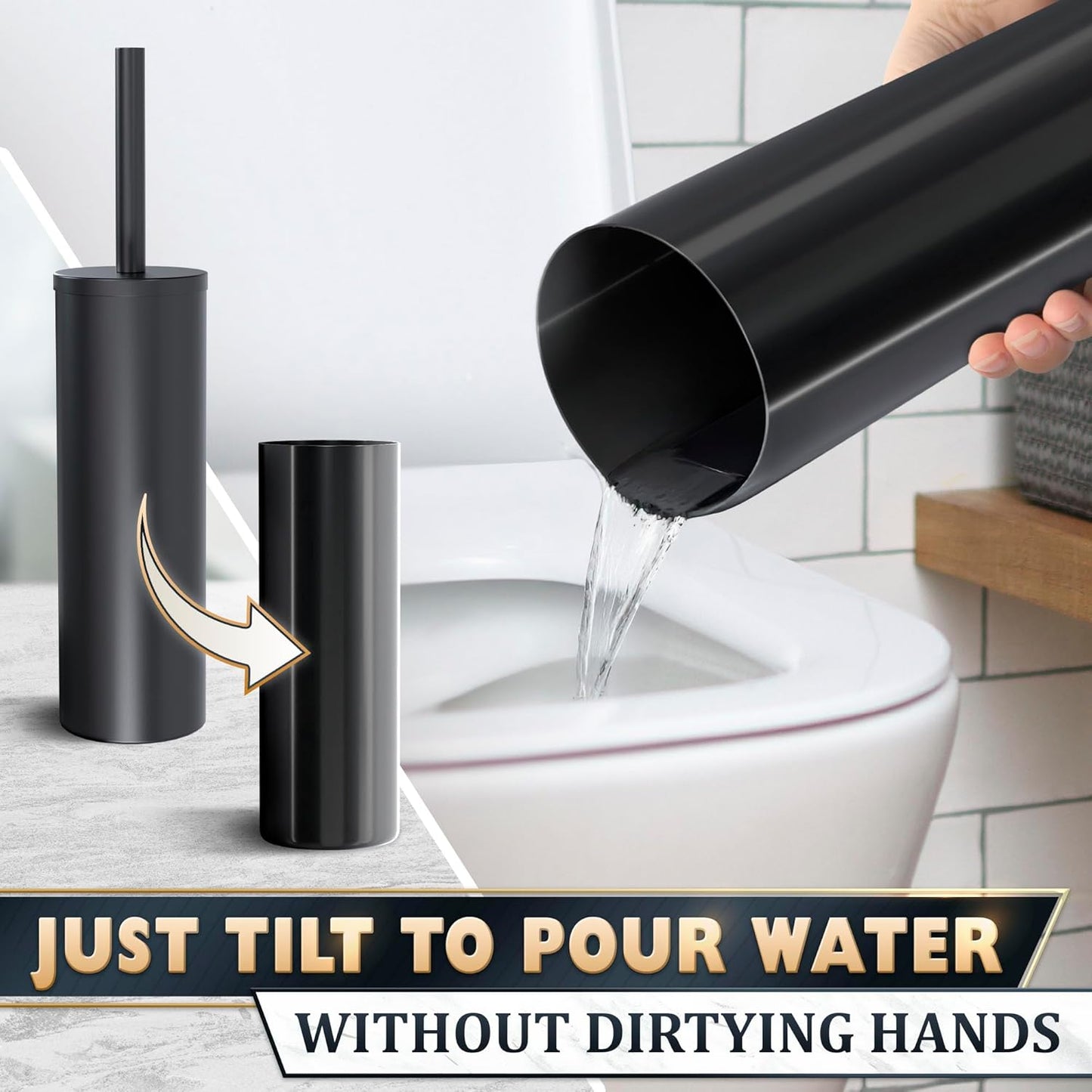 Black Toilet Brush and Holder Set - Slim Matte Design that Fits Anywhere - Stainless Steel Toilet Bowl Brush and Holder with 2 Rounded Corners, Replaceable Head, Removable Inner Bowl & Splash Guard