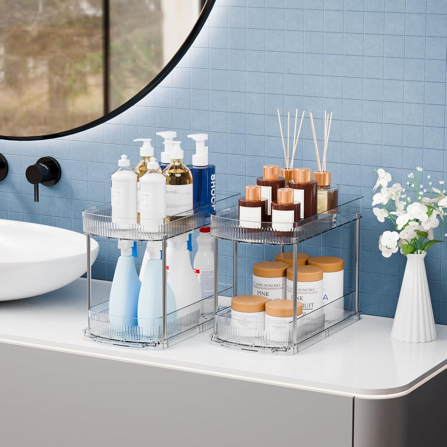 2 Pack 3 Tier Large Pull Out Bathroom Organizers and Storage,13.8″ Deep Sliding Kitchen Under Sink Organizer for Cleaning Products Storage,Acrylic Clear Bathroom inder Sink Organizer,Undersink Storage