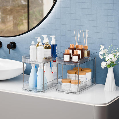 2 Pack 3 Tier Large Pull Out Bathroom Organizers and Storage,13.8″ Deep Sliding Kitchen Under Sink Organizer for Cleaning Products Storage,Acrylic Clear Bathroom inder Sink Organizer,Undersink Storage