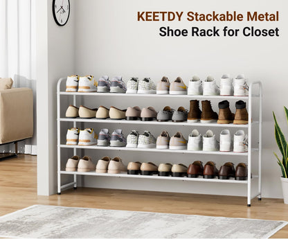 KEETDY 3-Tier Long Shoe Rack for Closet Metal Shoe Organizer for Entryway, Wide Stackable Shoe Storage Shelf with Sturdy Wire Grid for Closet Floor, Bedroom, Black