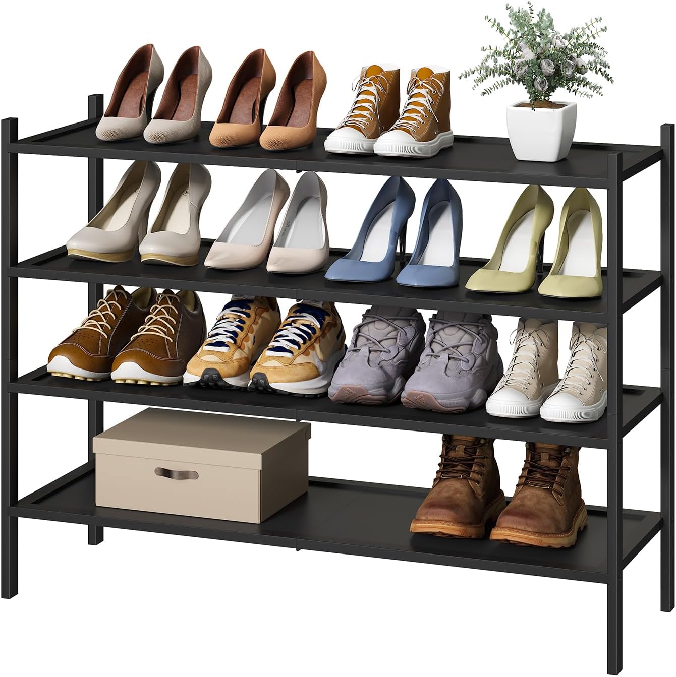 kiplant Small Shoe Rack, 4-Tier Bamboo Wood Shoe Rack for Entryway, Stackable Shoe Organizer for Hallway Closet, Free Standing Shoe Racks for Indoor & Outdoor