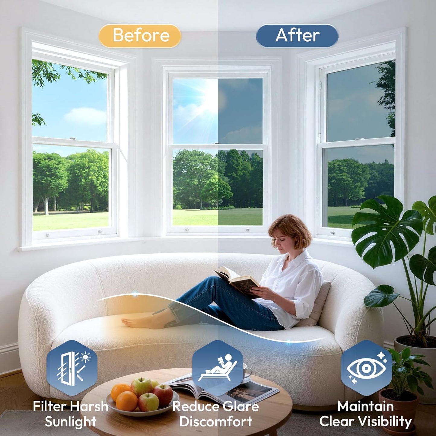 rabbitgoo Privacy Window Film Non Adhesive Frosted Glass Sun Blocking Self Static Cling Decorative for Home Kitchen Living Room, Removable and Reusable, 17.5 X 78.7 inches