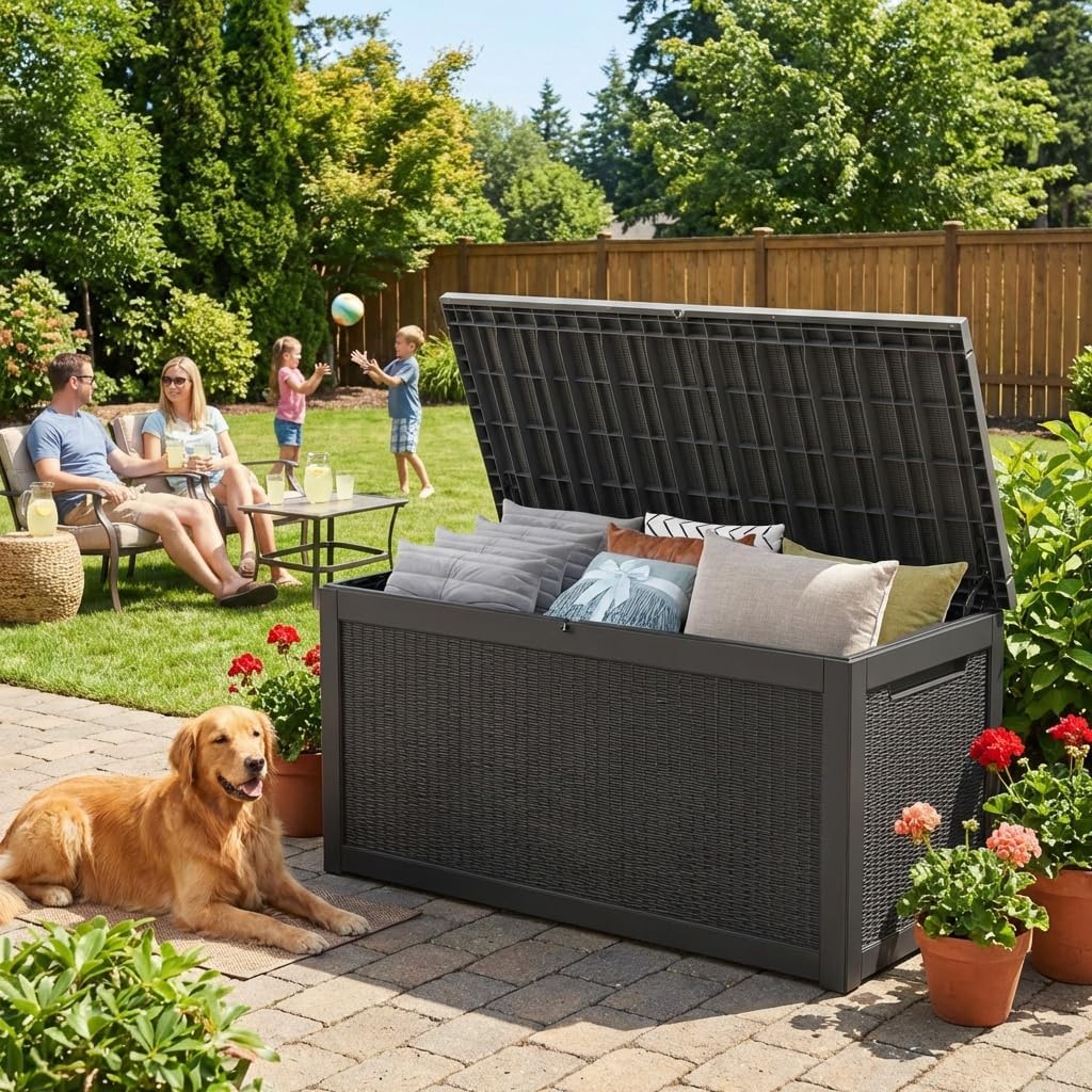 TARKARI 275 Gallon Resin Deck Box, Waterproof Outdoor Storage Box, Lockable for Patio Furniture, Garden Tools, Pool Accessories, UV-Resistant for All Weather Use, Black