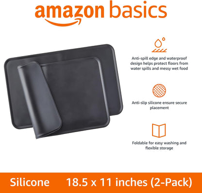 Amazon Basics Waterproof Non-Slip Silicone Pet Feeding Mat with Raised Edges for Food and Water Bowls, Easy to Clean Pet Placemat to Protect Floors, 18.5" x 11.5", Black
