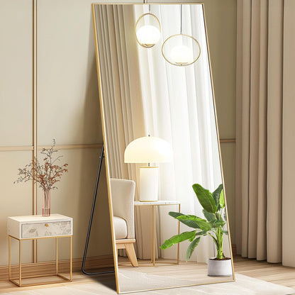 DUMOS 64"x21" Arched Full Length Floor Mirror, Full Body Mirror with Stand, Shatterproof Tempered Glass, Modern Aluminum Alloy Frame, Free Standing or Leaning for Home Decor, Gold