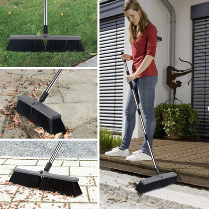 18 Inch Push Broom Brush Outdoor Heavy Duty Broom Stiff Bristles Commercial Outdoor Broom Brush for Cleaning Garage Driveway Yard Patio Deck Concrete Wood Stone Floor with 63" Long Handle
