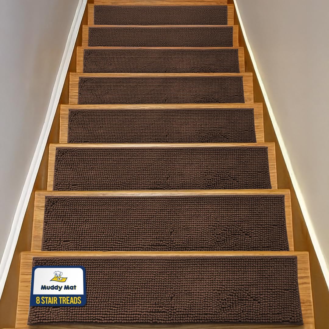 Muddy Mat® Pack of 4 - Soft Chenille Stair Treads Non-Slip Reusable, Super Absorbent Stair Treads for Wooden Steps, Tile & Marble Floor, Easy to Install & Machine Washable - Brown 30'' x 7''