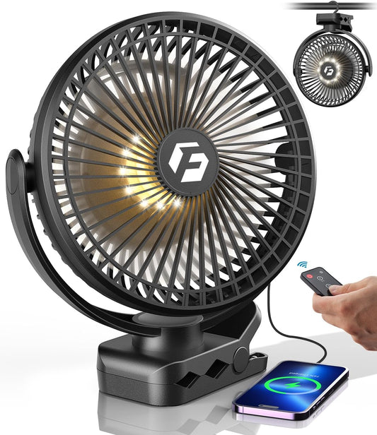 40000mAh Clip on Fan for Golf Cart - 8-inch Portable Rechargeable Fans - Max Up to 127Hrs Work Time - Battery Operated Fan with LED, Remote, Timers, Hook for Office, Desk, Camping, Treadmill, Tent
