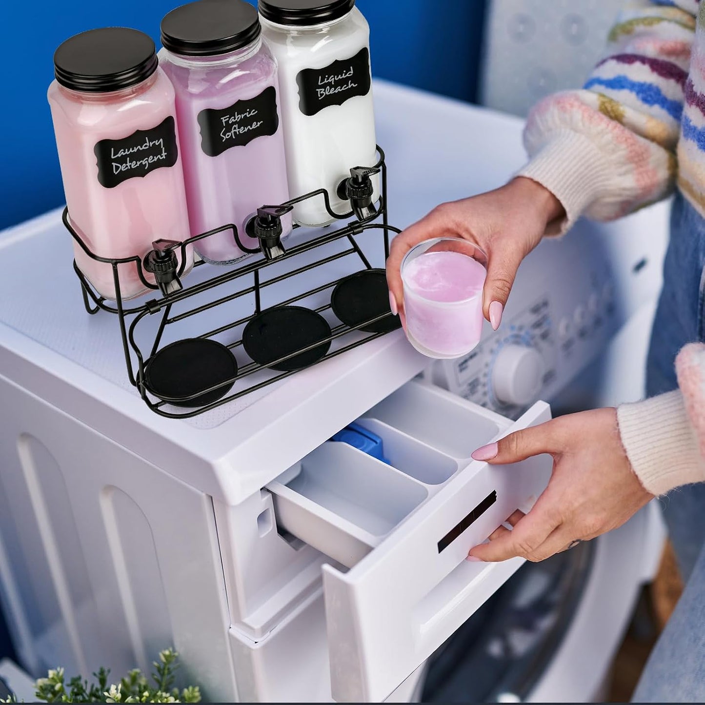 3 Sets 2.2L Liquid Laundry Detergent Dispenser, Glass Laundry Soap Dispenser with Stand, Measuring Cup, Fabric Softener Dispenser for Laundry Room Organization