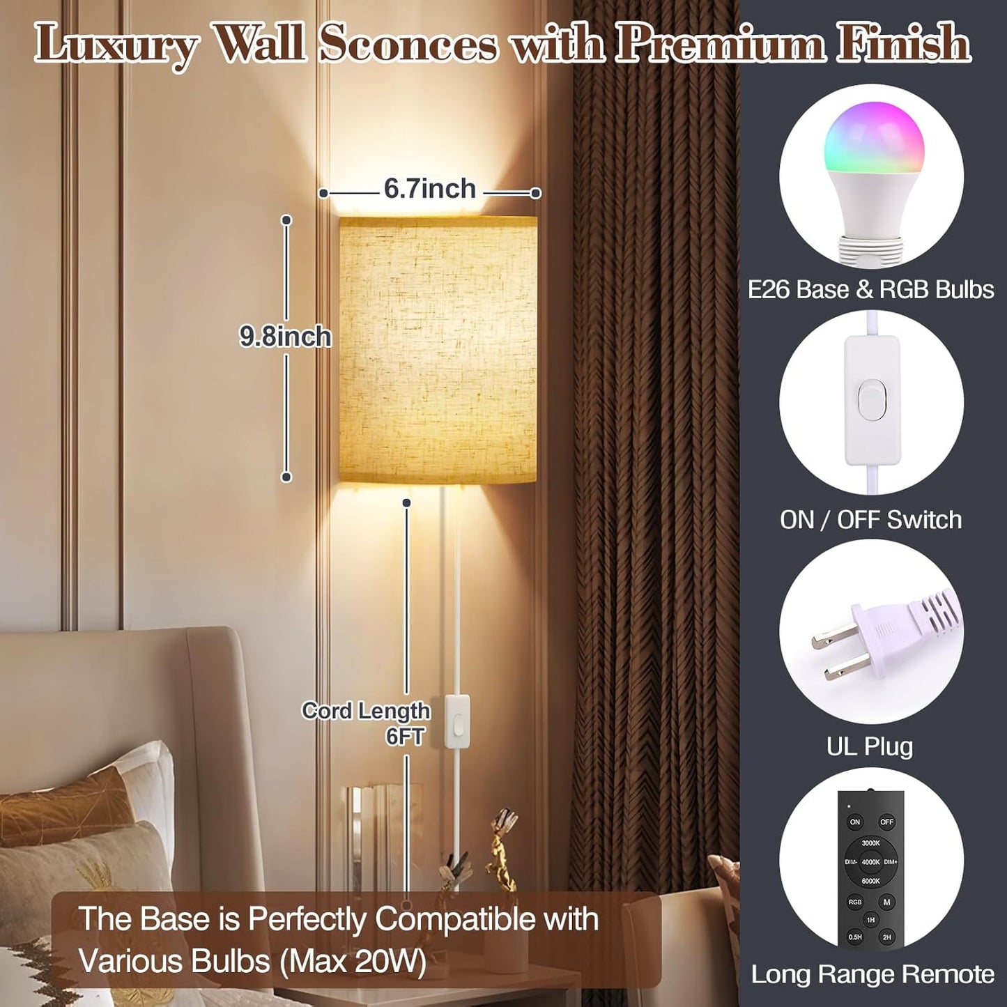 Battery Operated Wall Sconce Set of Two: 10000mAh Wireless Wall Light with Rechargeable Magnetic Bulb - Dimmable Wall Lamp with 7 RGB Colors - Linen Shade Sconces with Remote for Bedroom Living Room