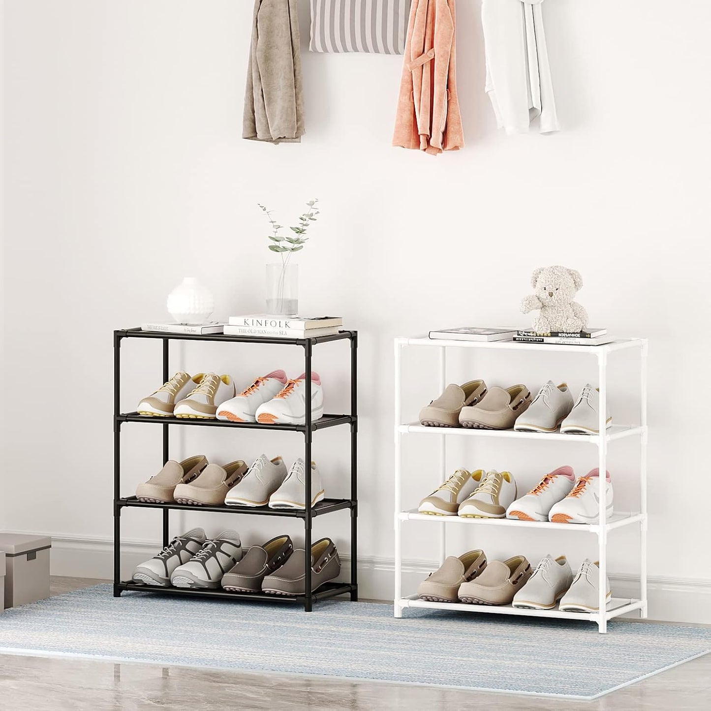 Small Shoe Rack 6-8 Pairs Sturdy Shoe Shelf 4-Tiers Narrow Stackable Shoe Organizer,Lightweight Kids Shoe Racks for Entryway, Doorway and Closet（Black）