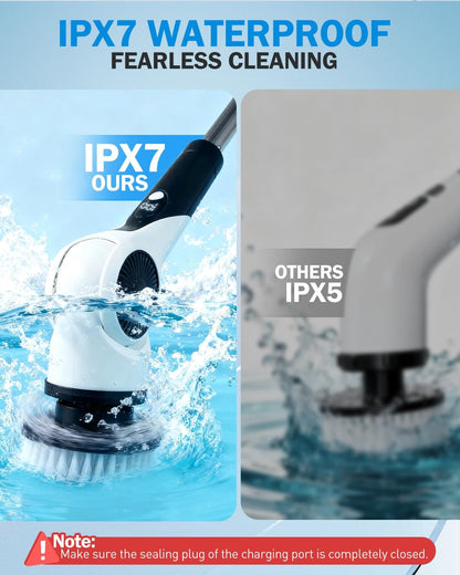 Electric Spin Scrubber, 3-Speed Shower Scrubber with Long Handle & 10 Replaceable Brush Heads, Cordless Full-Body IPX7 Waterproof Shower Cleaner Brush with 90 Mins Runtime for Bathroom