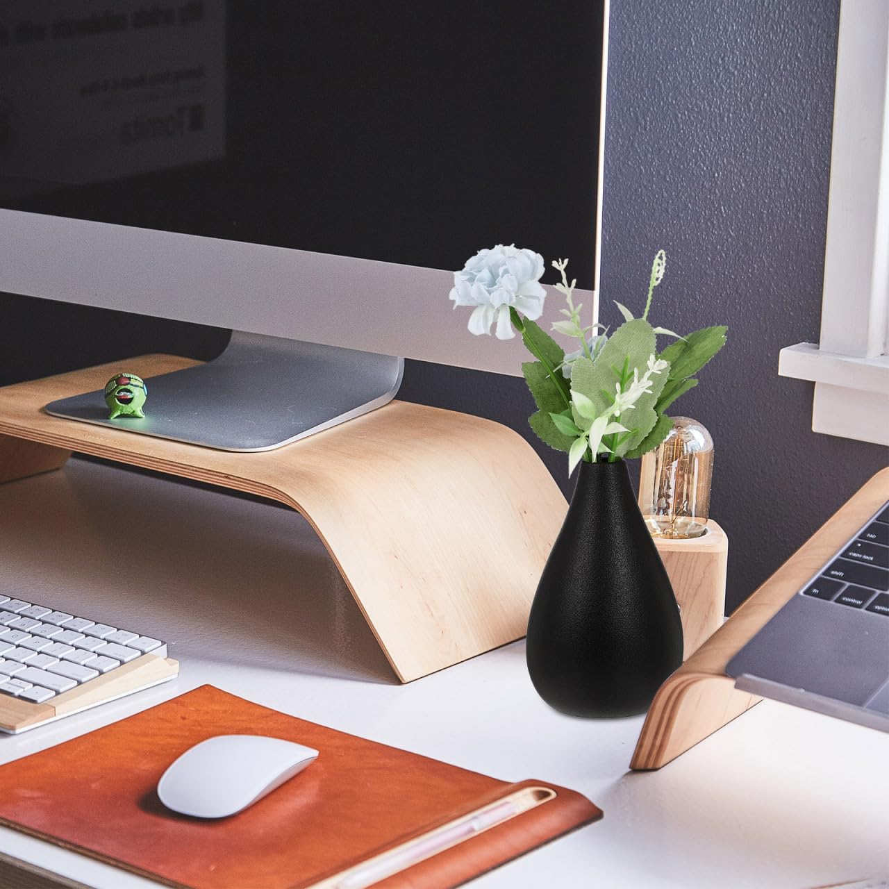 VOSAREA Small Black Vase Set of 2 Rustic Ceramic Flower Vases for Home Decor Minimalist Tabletop Accent for Desk Bookshelf Windowsill 4.13 X 4.72 X 2.36 in