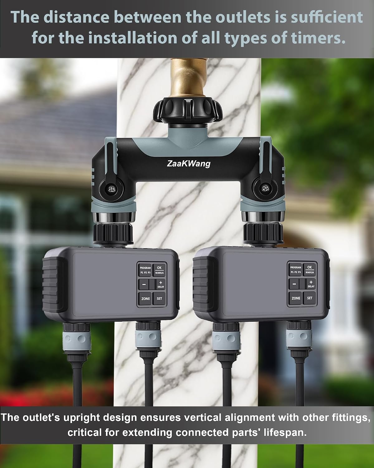Garden Hose Splitter 2 Way, Heavy Duty Water Hose Spigot Bib Splitter, Outdoor Faucet Splitter with Shutoff Valve, T Adapter Connector with 3/4 - Inch GHT Thread (Grey)