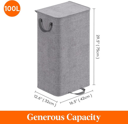 Lifewit Double Laundry Hamper with Lid and Removable Laundry Bags, Large Collapsible 2 Dividers Dirty Clothes Basket with Handles for Bedroom Laundry Room Closet Bathroom College, 136L Beige