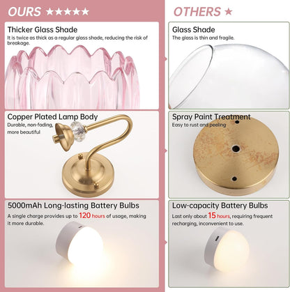 Set of 2 Vintage Battery Operated Wall Sconce, Rechargeable Wall Lamp with 5000mAh Battery & Remote Control, Dimmable Wall Lights with tulip shade for Bedroom Bathroom Living Room, (Tulip Amber Up)