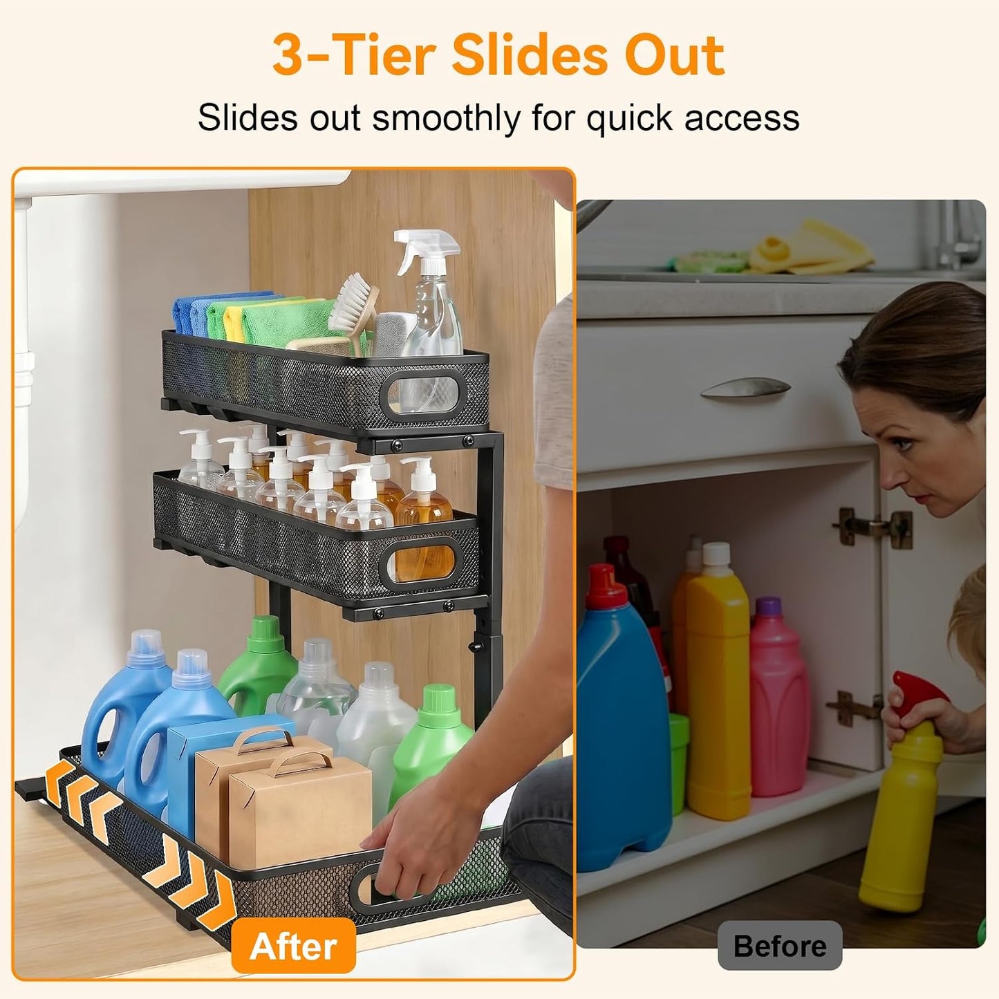 Under Sink Organizer for Bathroom, 3 Tier Adjustable Height Under Sink Storage, Sliding Pull Out Cabinet Organizer Shelf, Metal Multi-Purpose Cabinet Organizer for Kitchen (2 Pack, White)