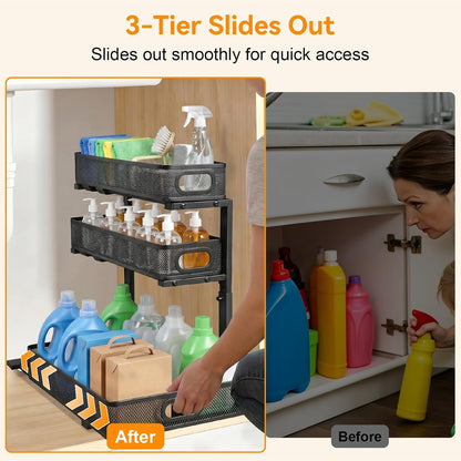 Under Sink Organizer for Bathroom, 3 Tier Adjustable Height Under Sink Storage, Sliding Pull Out Cabinet Organizer Shelf, Metal Multi-Purpose Cabinet Organizer for Kitchen (2 Pack, White)